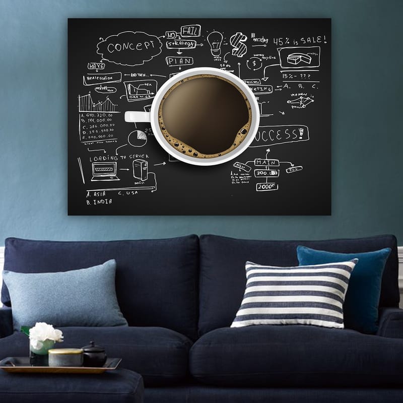 Canvastavla 70x100 cm - Kaffekopp med svart kaffe omgiven av handskrivna anteckningar och diagram som symboliserar affärsstrategi och kreativitet - Svart / Brun / Vit - Inredning - Tavlor & konst - Canvastavlor