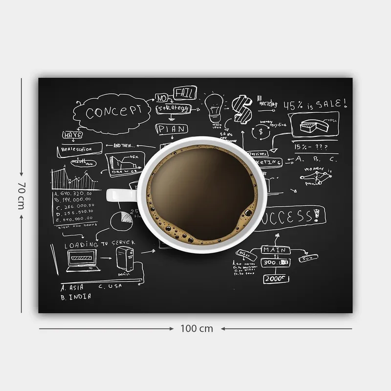 Canvastavla 70x100 cm - Kaffekopp med svart kaffe omgiven av handskrivna anteckningar och diagram som symboliserar affärsstrategi och kreativitet - Svart / Brun / Vit - Inredning - Tavlor & konst - Canvastavlor