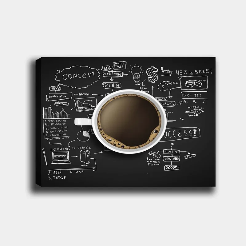 Canvastavla 70x100 cm - Kaffekopp med svart kaffe omgiven av handskrivna anteckningar och diagram som symboliserar affärsstrategi och kreativitet - Svart / Brun / Vit - Inredning - Tavlor & konst - Canvastavlor