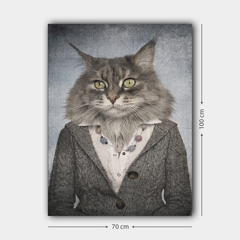 Canvastavla 70x100 cm - Katt med mänskliga drag klädd i en grå kavaj och en vit skjorta - Grå / Vit / Beige - Inredning - Tavlor & konst - Canvastavlor