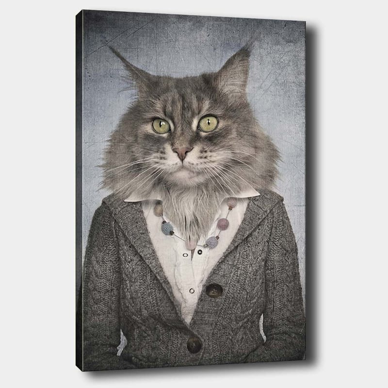Canvastavla 70x100 cm - Katt med mänskliga drag klädd i en grå kavaj och en vit skjorta, Grå / Vit / Beige