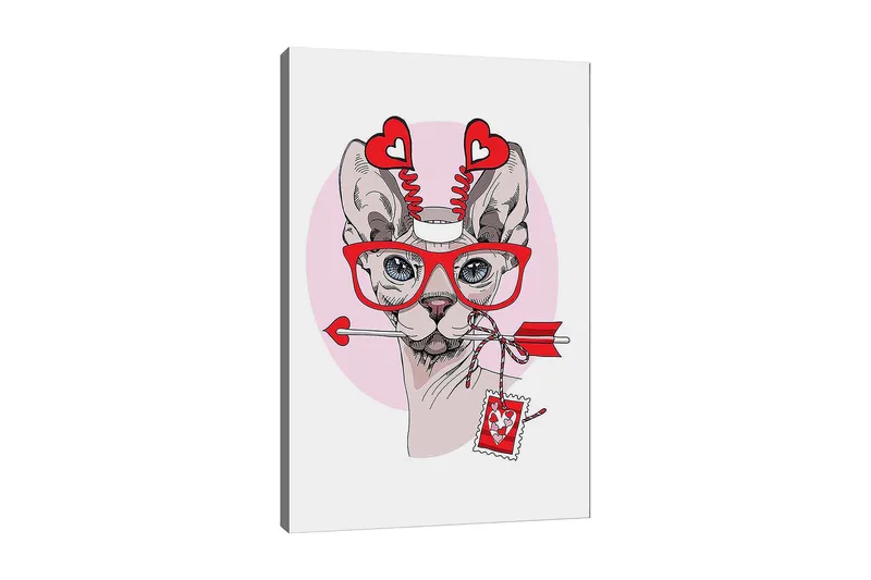 Canvastavla 70x100 cm - Katt med stora glasögon och hjärtformade detaljer, som håller en pil i munnen, Röd / Rosa / Grå