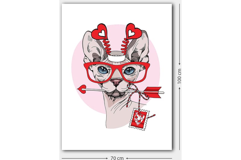 Canvastavla 70x100 cm - Katt med stora glasögon och hjärtformade detaljer, som håller en pil i munnen - Röd / Rosa / Grå - Inredning - Tavlor & konst - Canvastavlor