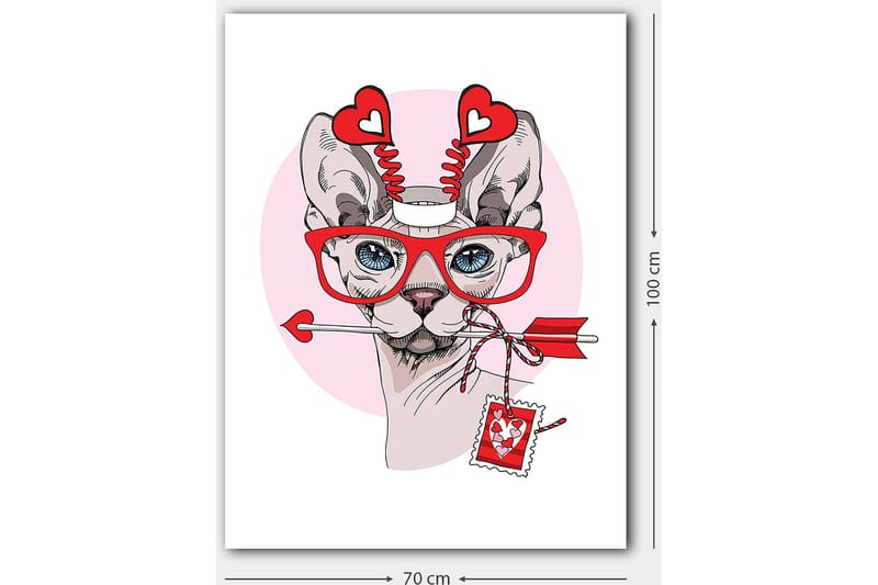 Canvastavla 70x100 cm - Katt med stora glasögon och hjärtformade detaljer, som håller en pil i munnen - Röd / Rosa / Grå - Inredning - Tavlor & konst - Canvastavlor
