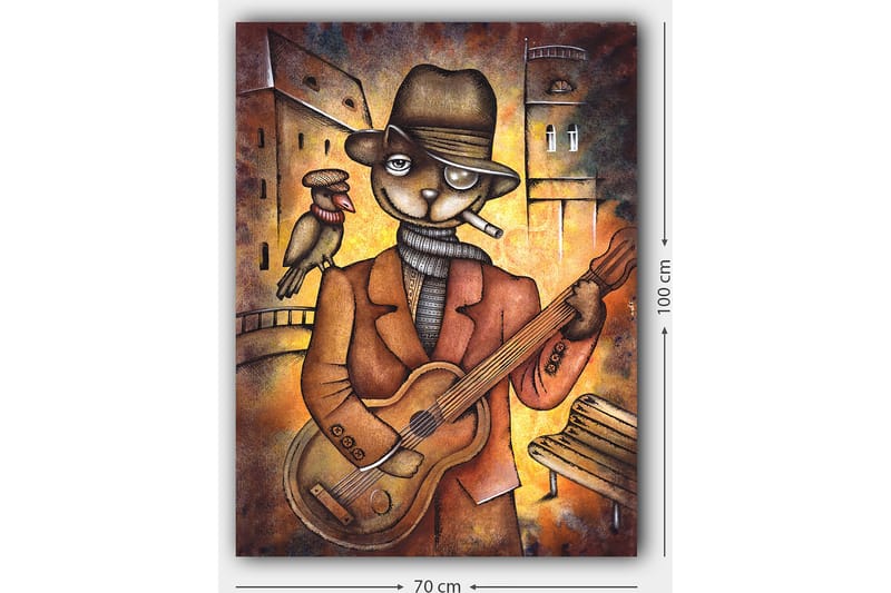 Canvastavla 70x100 cm - Kattklädd musiker spelar gitarr med en fågel på axeln i en stadsmiljö - Brun / Orange / Beige - Inredning - Tavlor & konst - Canvastavlor