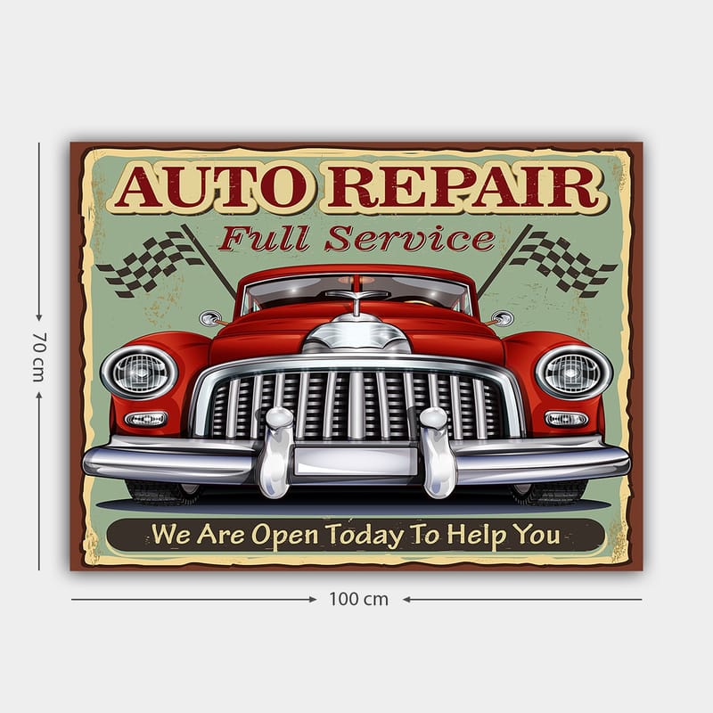 Canvastavla 70x100 cm - Klassisk röd bil med en kromad grill och racingflaggor i bakgrunden - Röd / Krom (silver) / Grön - Inredning - Tavlor & konst - Canvastavlor