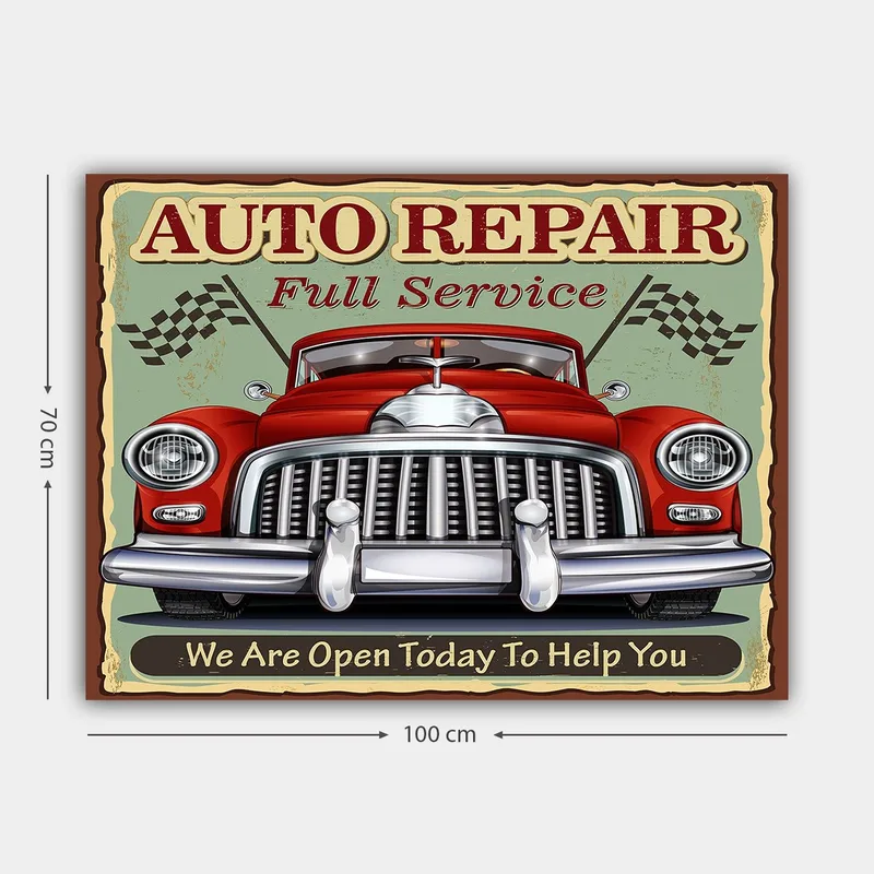 Canvastavla 70x100 cm - Klassisk röd bil med en kromad grill och racingflaggor i bakgrunden - Röd / Krom (silver) / Grön - Inredning - Tavlor & konst - Canvastavlor