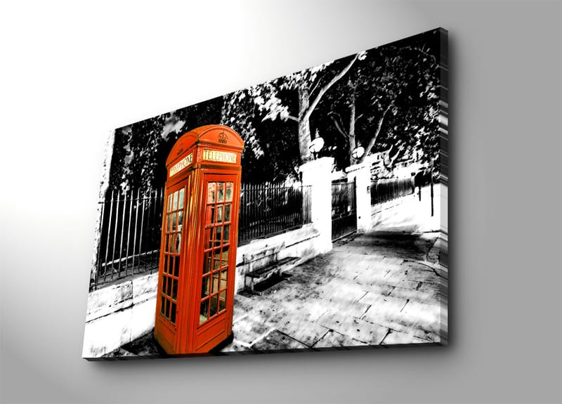 Canvastavla 70x100 cm - Klassisk röd telefonkiosk i en svartvit stadslandskap - Röd / Svart / Vit - Inredning - Tavlor & konst - Canvastavlor