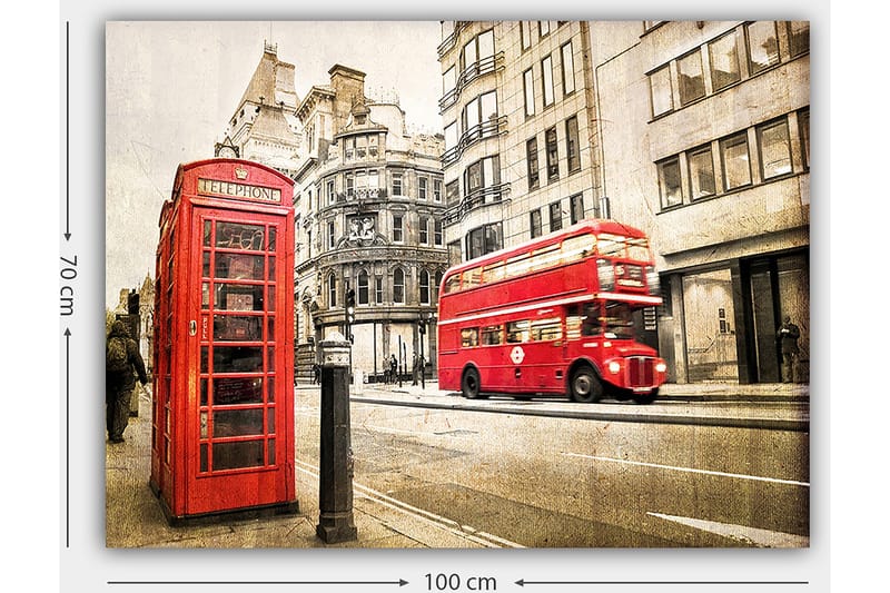 Canvastavla 70x100 cm - Klassisk röd telefonkiosk och en röd dubbeldäckare på en stadsgata - Röd / Grå - Inredning - Tavlor & konst - Canvastavlor