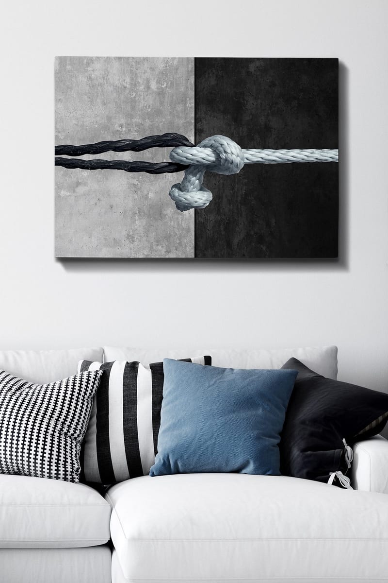 Canvastavla 70x100 cm - Knut av rep som förenar två kontrasterande ytor i svart och grått, Svart / Grå / Ljusblå