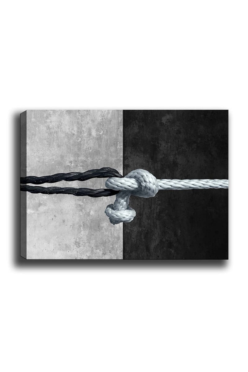 Canvastavla 70x100 cm - Knut av rep som förenar två kontrasterande ytor i svart och grått - Svart / Grå / Ljusblå - Inredning - Tavlor & konst - Canvastavlor
