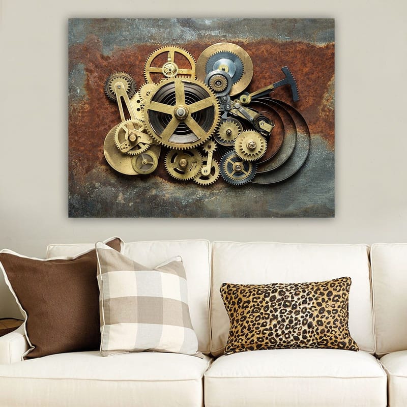 Canvastavla 70x100 cm - Komplex sammansättning av kugghjul och mekaniska delar i en industriell stil - Guld / Brunt / Svart - Inredning - Tavlor & konst - Canvastavlor