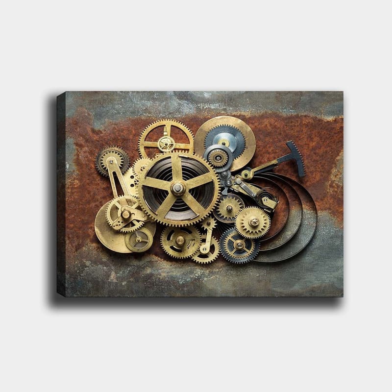 Canvastavla 70x100 cm - Komplex sammansättning av kugghjul och mekaniska delar i en industriell stil, Guld / Brunt / Svart