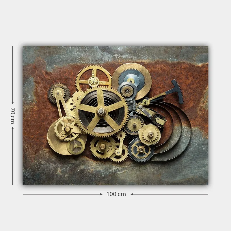 Canvastavla 70x100 cm - Komplex sammansättning av kugghjul och mekaniska delar i en industriell stil - Guld / Brunt / Svart - Inredning - Tavlor & konst - Canvastavlor