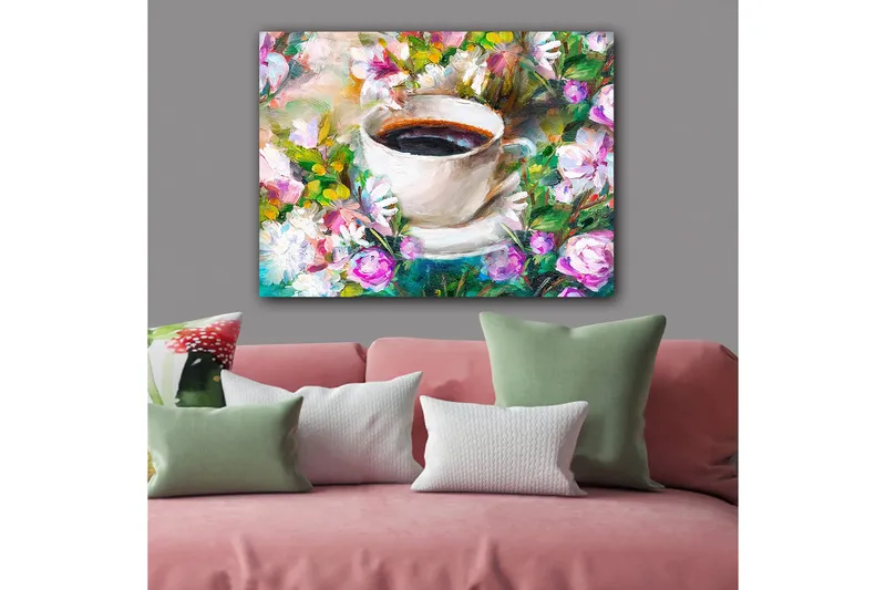 Canvastavla 70x100 cm - Kopp kaffe omgiven av färgglada blommor - Vit / Grön / Rosa - Inredning - Tavlor & konst - Canvastavlor