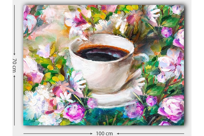 Canvastavla 70x100 cm - Kopp kaffe omgiven av färgglada blommor - Vit / Grön / Rosa - Inredning - Tavlor & konst - Canvastavlor
