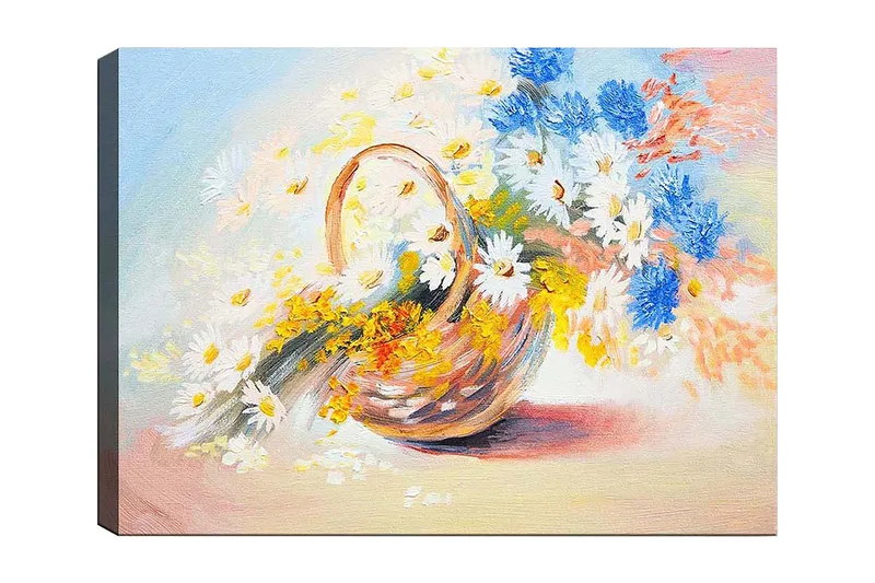 Canvastavla 70x100 cm - Korg fylld med färgglada blommor, Blå / Vit / Gul