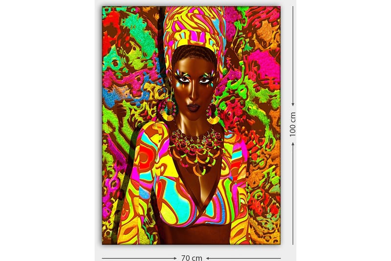 Canvastavla 70x100 cm - Kraftfull kvinna i färgglad klädsel med ett uttrycksfullt ansikte och smycken - Grön / Rosa / Orange - Inredning - Tavlor & konst - Canvastavlor