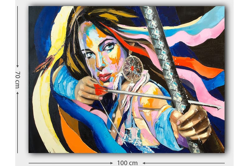 Canvastavla 70x100 cm - Kraftfull kvinna som spänner en pilbåge, omgiven av färgglada band - Blå / Röd / Gul - Inredning - Tavlor & konst - Canvastavlor