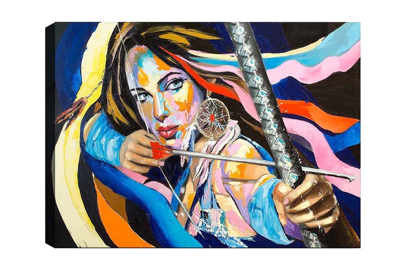 Canvastavla 70x100 cm - Kraftfull kvinna som spänner en pilbåge, omgiven av färgglada band, Blå / Röd / Gul