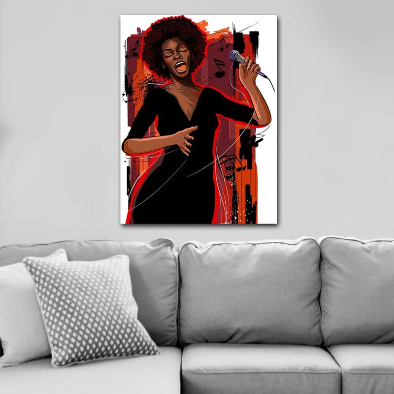 Canvastavla 70x100 cm - Kraftfull sångerska som uttrycker känslor genom sin musik - Röd / Svart / Brun - Inredning - Tavlor & konst - Canvastavlor