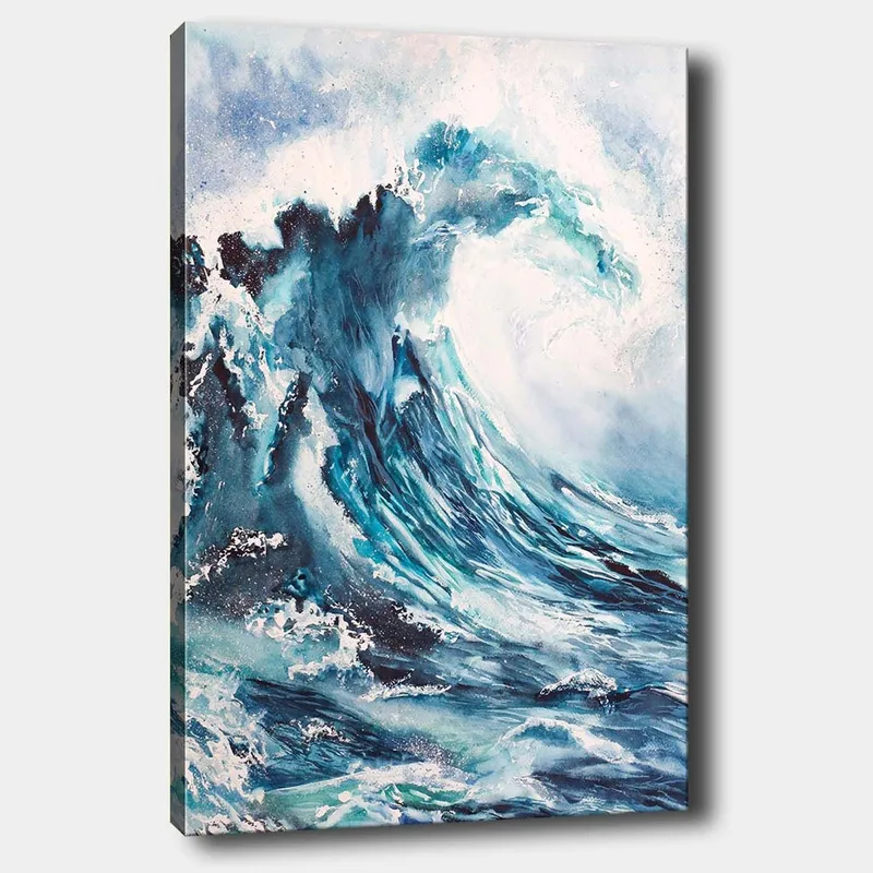 Canvastavla 70x100 cm - Kraftfull våg som bryter mot stranden, Mörkblå / Turkos / Vit