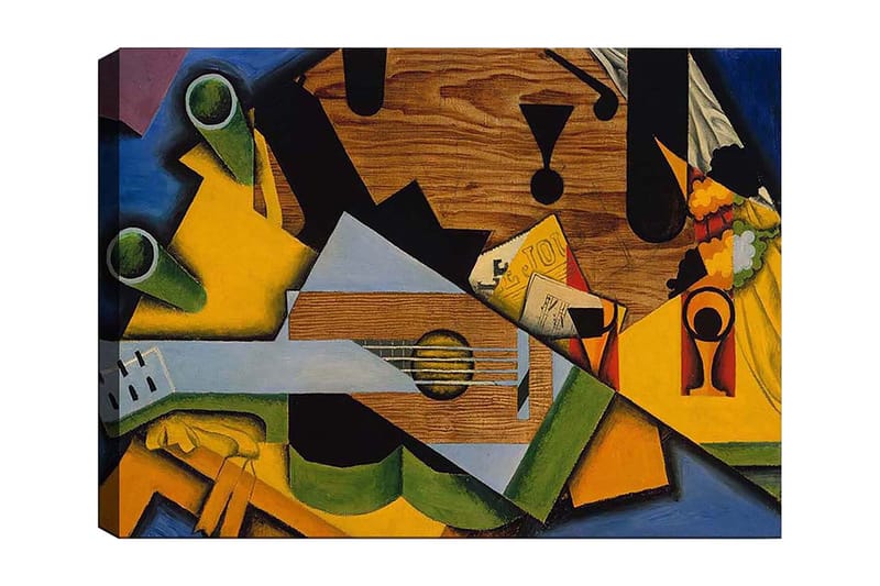 Canvastavla 70x100 cm - Kubistisk komposition med en gitarr och olika geometriska former - Grön / Gul / Blå - Inredning - Tavlor & konst - Canvastavlor