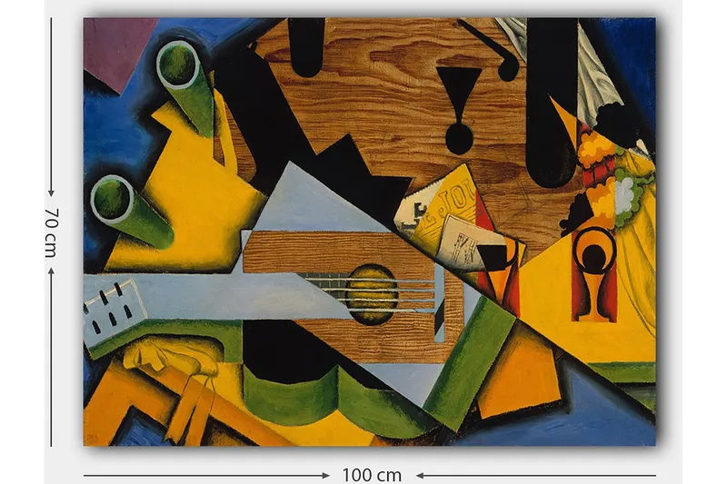 Canvastavla 70x100 cm - Kubistisk komposition med en gitarr och olika geometriska former - Grön / Gul / Blå - Inredning - Tavlor & konst - Canvastavlor