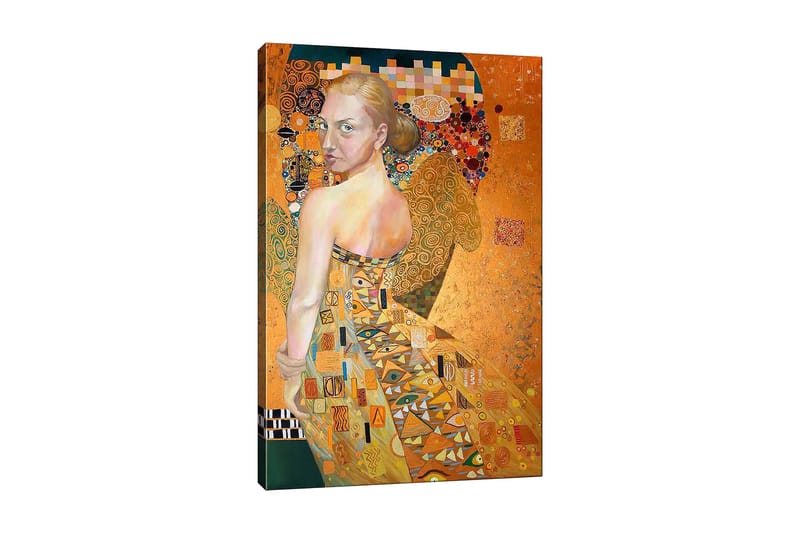 Canvastavla 70x100 cm - Kvinna i en elegant klänning med intrikata mönster, som vänder sig om med en uttrycksfull blick - Guld / Orange / Beige - Inredning - Tavlor & konst - Canvastavlor