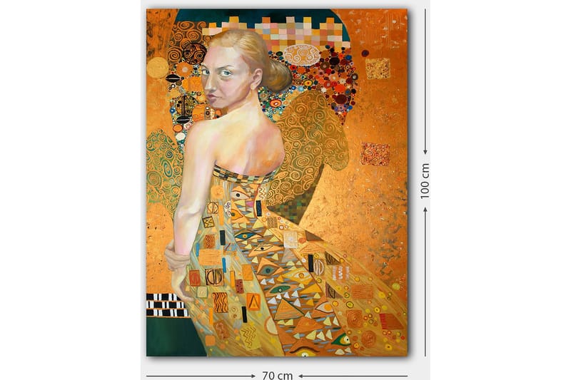 Canvastavla 70x100 cm - Kvinna i en elegant klänning med intrikata mönster, som vänder sig om med en uttrycksfull blick - Guld / Orange / Beige - Inredning - Tavlor & konst - Canvastavlor