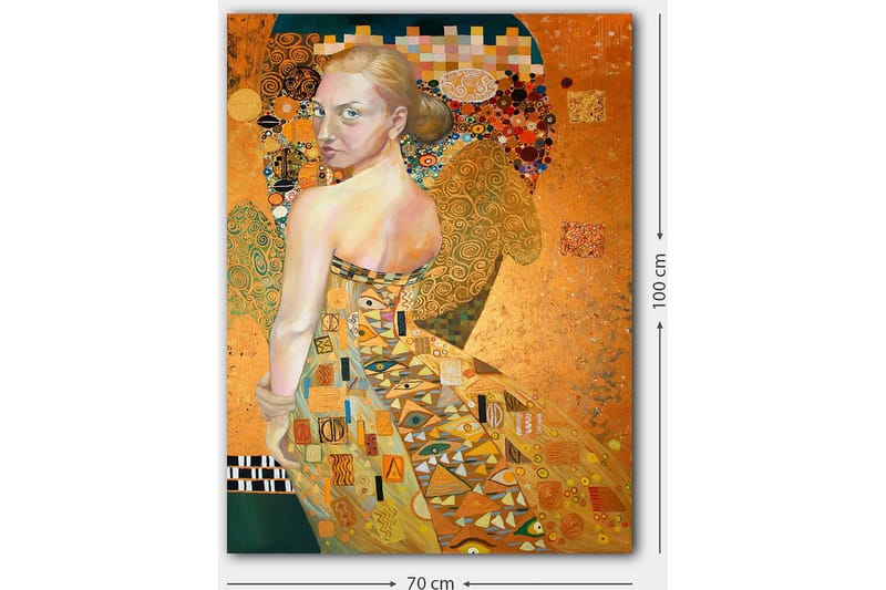 Canvastavla 70x100 cm - Kvinna i en elegant klänning med intrikata mönster, som vänder sig om med en uttrycksfull blick - Guld / Orange / Beige - Inredning - Tavlor & konst - Canvastavlor