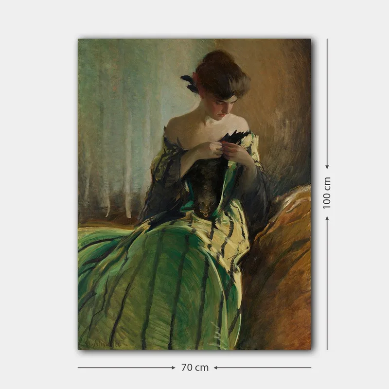 Canvastavla 70x100 cm - Kvinna i en grön klänning sitter och arbetar med något i händerna, djupt försjunken i sina tankar - Grön / Svart / Beige - Inredning - Tavlor & konst - Canvastavlor