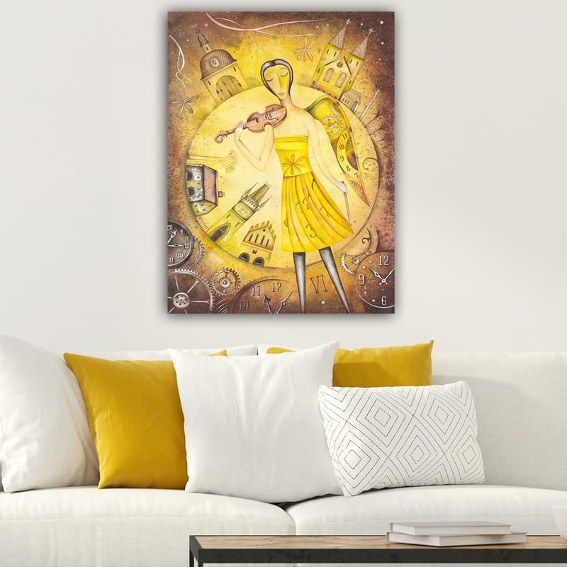 Canvastavla 70x100 cm - Kvinna i en gul klänning som spelar fiol, omgiven av klockor och byggnader - Gul / Brun - Inredning - Tavlor & konst - Canvastavlor