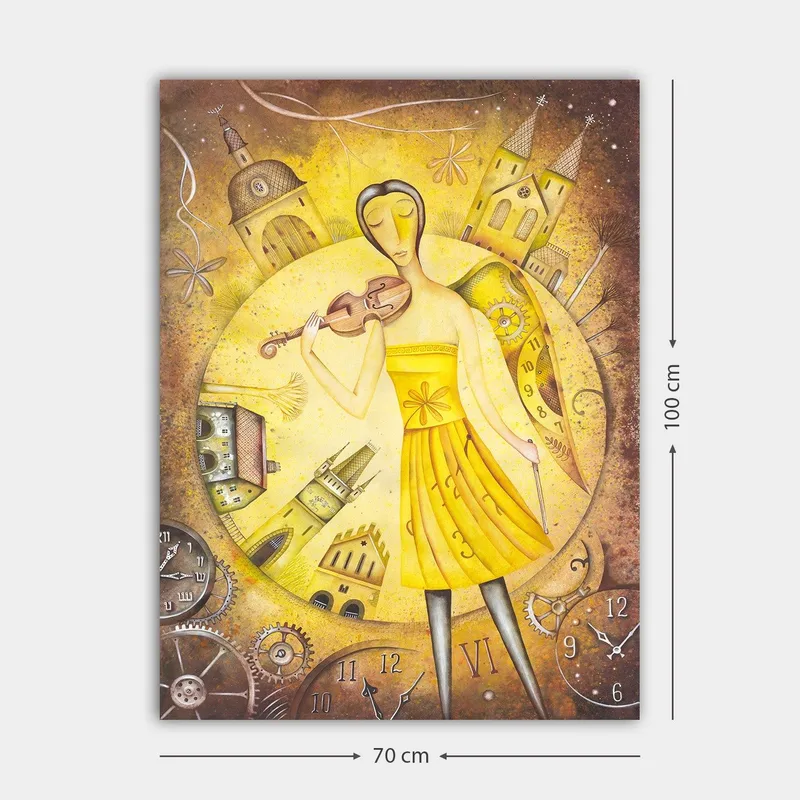 Canvastavla 70x100 cm - Kvinna i en gul klänning som spelar fiol, omgiven av klockor och byggnader - Gul / Brun - Inredning - Tavlor & konst - Canvastavlor