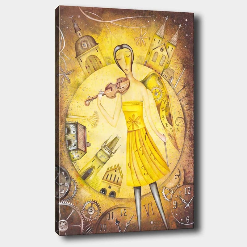 Canvastavla 70x100 cm - Kvinna i en gul klänning som spelar fiol, omgiven av klockor och byggnader, Gul / Brun