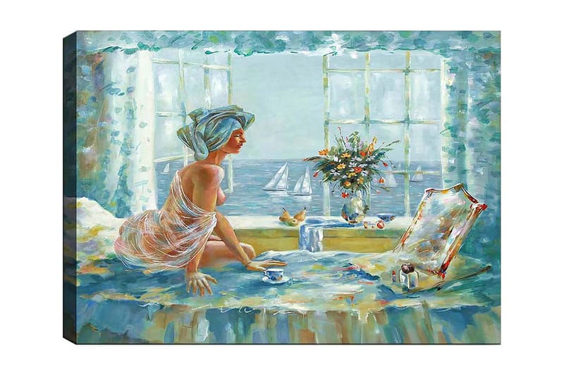 Canvastavla 70x100 cm - Kvinna i en ljus och luftig miljö, sittande vid ett fönster med utsikt över havet, Blå / Grön / Beige