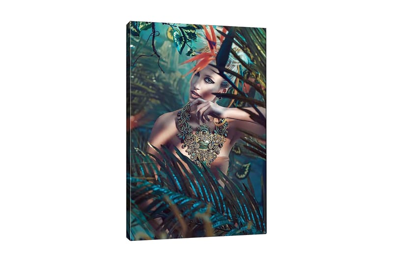 Canvastavla 70x100 cm - Kvinna i en tät, grönskande miljö med en intrikat smyckesdetalj som fångar uppmärksamheten, Mörkgrön / Turkos / Beige