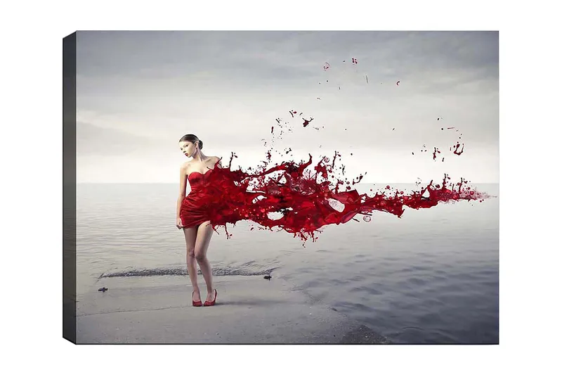 Canvastavla 70x100 cm - Kvinna i röd klänning som ser ut att släppa ifrån sig en färgsprutande rörelse, Röd / Beige
