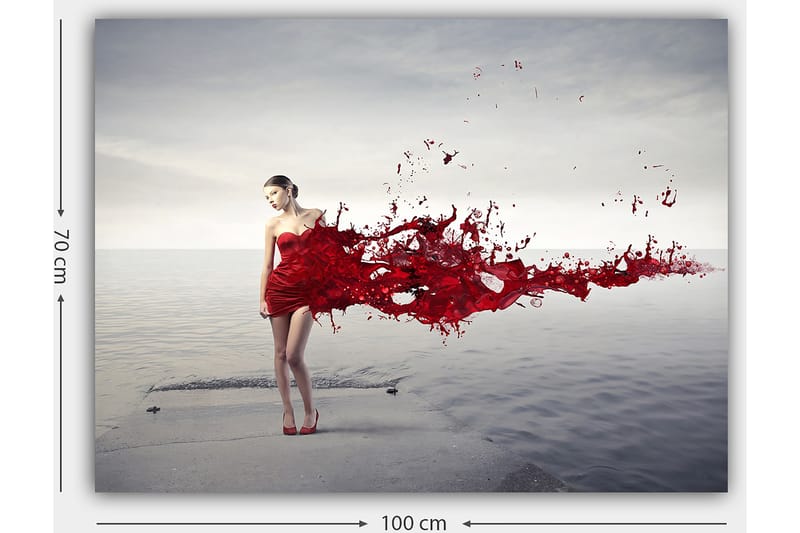 Canvastavla 70x100 cm - Kvinna i röd klänning som ser ut att släppa ifrån sig en färgsprutande rörelse - Röd / Beige - Inredning - Tavlor & konst - Canvastavlor