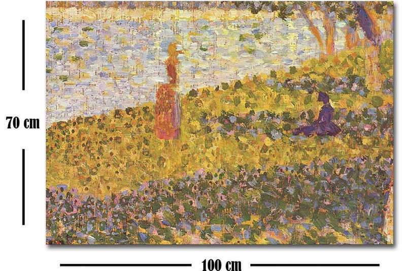 Canvastavla 70x100 cm - Kvinna i röd klänning som står på en blomstrande äng vid en sjö - Gult / Lila / Grönt - Inredning - Tavlor & konst - Canvastavlor