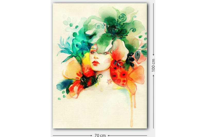 Canvastavla 70x100 cm - Kvinna med blommor och växtlighet som omger hennes huvud - Grön / Orange / Röd - Inredning - Tavlor & konst - Canvastavlor