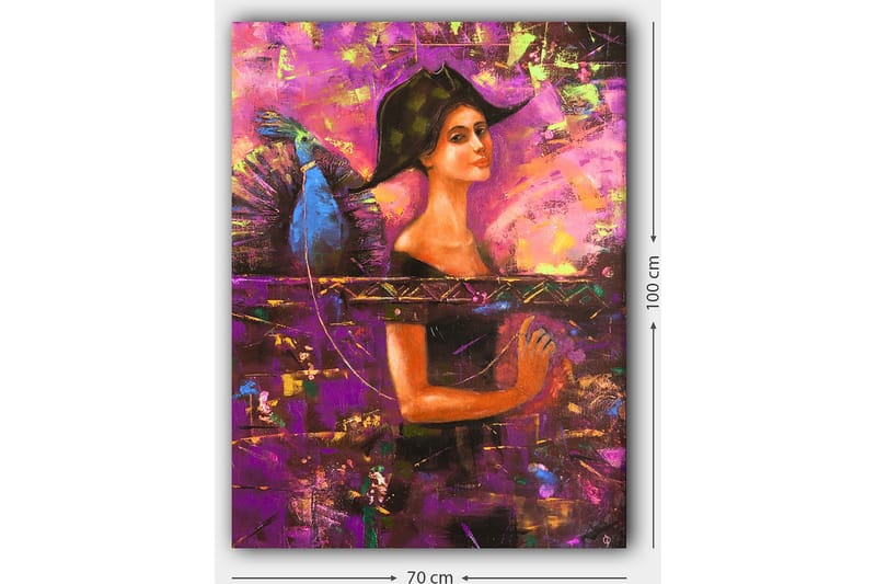 Canvastavla 70x100 cm - Kvinna med en stor hatt och vingar, som uttrycker en känsla av mystik och styrka - Lila / Blå / Orange - Inredning - Tavlor & konst - Canvastavlor