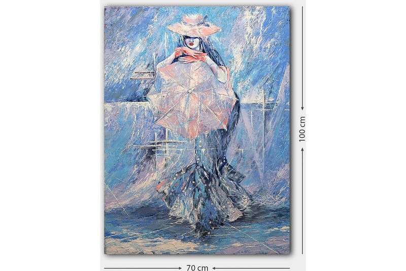 Canvastavla 70x100 cm - Kvinna med en parasoll klädd i en elegant klänning, omgiven av en drömlik, blåaktig bakgrund - Blå / Rosa / Vit - Inredning - Tavlor & konst - Canvastavlor