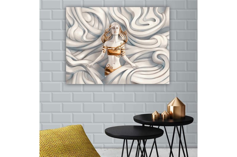 Canvastavla 70x100 cm - Kvinna med ett drömlikt uttryck omgiven av svängande, mjuka former - Vit / Guld / Beige - Inredning - Tavlor & konst - Canvastavlor