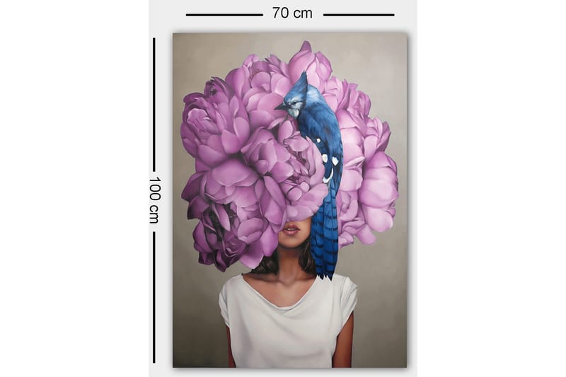 Canvastavla 70x100 cm - Kvinna med ett huvud av stora, lila blommor och en blå fågel som sitter på blommorna - Lila / Blå - Inredning - Tavlor & konst - Canvastavlor