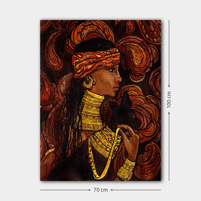 Canvastavla 70x100 cm - Kvinna med ett svart djur, omgiven av svängande mönster i varma färger - Röd / Orange / Svart - Inredning - Tavlor & konst - Canvastavlor