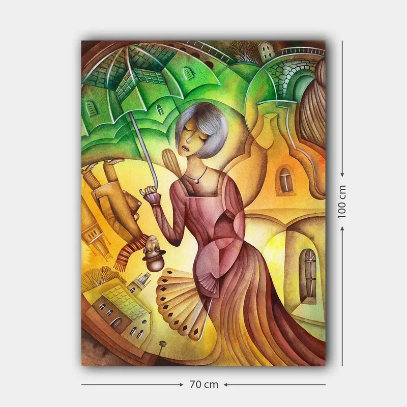Canvastavla 70x100 cm - Kvinna med ett paraply i en färgglad och stiliserad landskapsmiljö - Grön / Gul / Brun - Inredning - Tavlor & konst - Canvastavlor