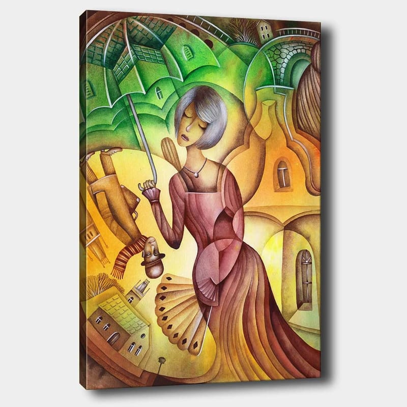 Canvastavla 70x100 cm - Kvinna med ett paraply i en färgglad och stiliserad landskapsmiljö, Grön / Gul / Brun