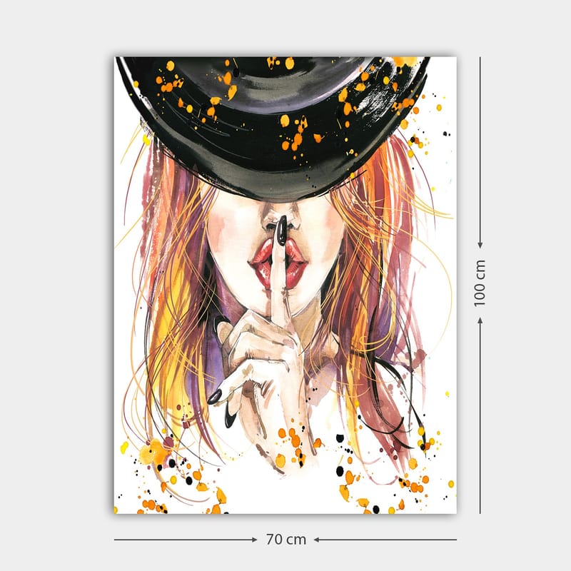 Canvastavla 70x100 cm - Kvinna med rödaktigt hår som håller ett finger mot läpparna i en tystnadsgest - Röd / Svart / Orange - Inredning - Tavlor & konst - Canvastavlor