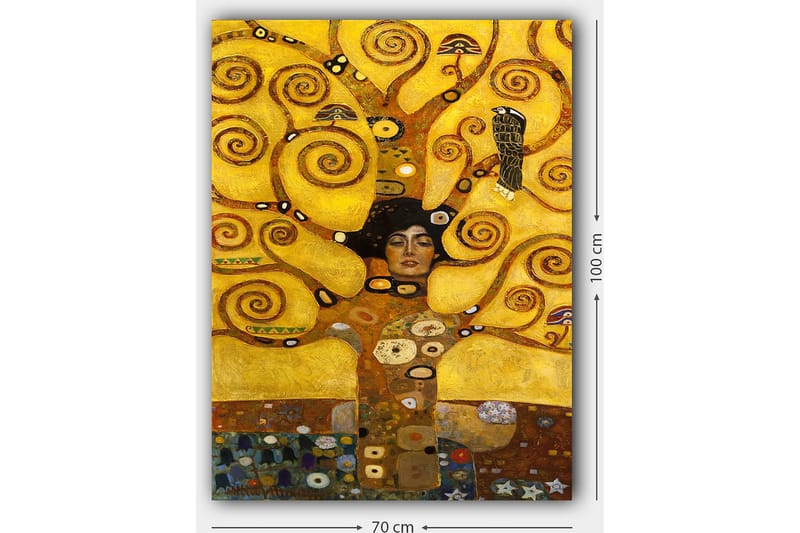 Canvastavla 70x100 cm - Kvinna med stängd ögon omgiven av snurrande, gyllene grenar och symboliska element - Guld / Brun / Svart - Inredning - Tavlor & konst - Canvastavlor